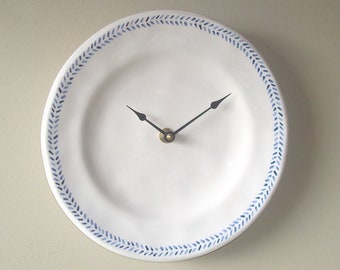 Blue and Off-White Wall Clock, 9 Inch Ceramic Plate Clock, Silent Kitchen Clock, Unique Wall Clock, Kitchen Decor - 3011