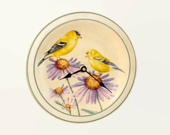 Goldfinch and Echinacea Wall Clock, 8.5 Inch Silent Ceramic Plate Clock, Cone Flower Clock for Kitchen, Bird Clock  3175