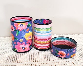 Floral Tin Can Desk Organizer: Whimsical Pencil Holder - Item 1731