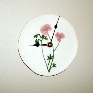 SMALL - 6 Inch Pink Wildflower Wall Clock,  Ceramic Plate Clock, Mini Floral Clock - 3215