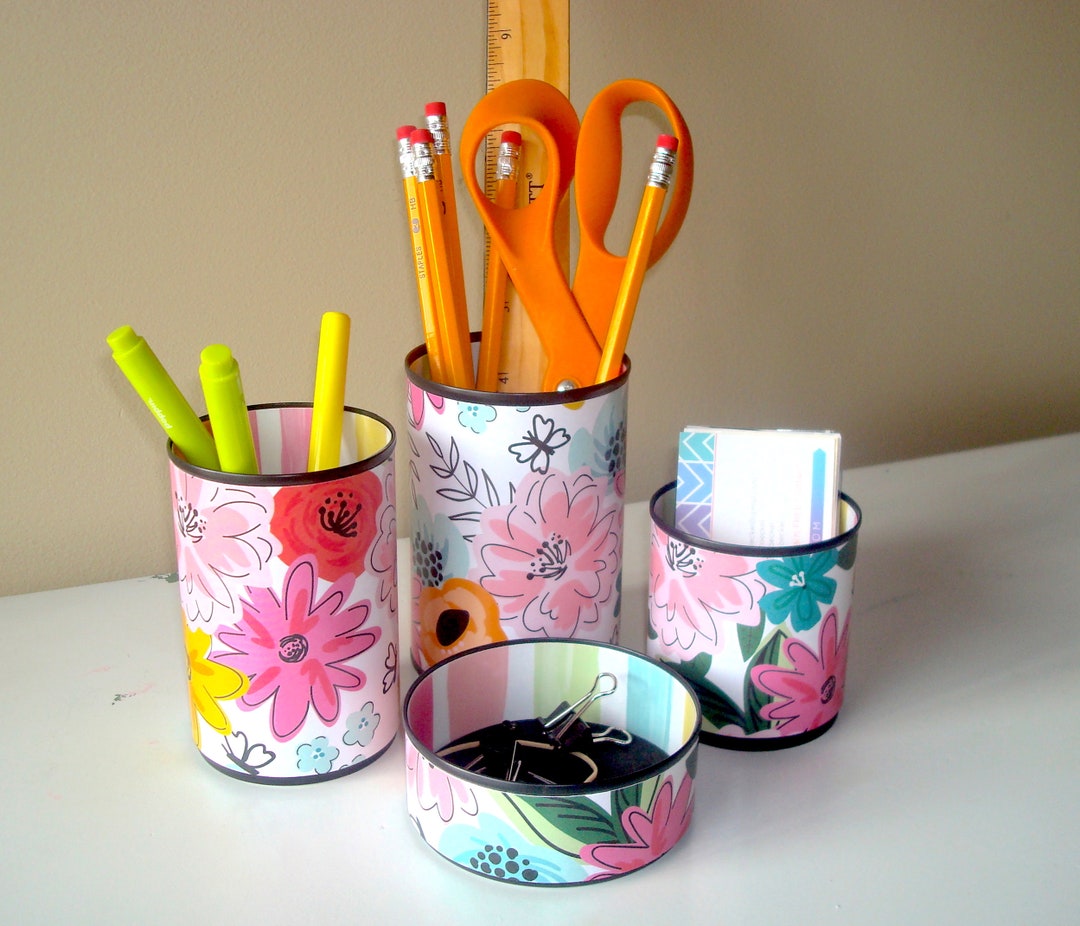 Floral Tin Can Desk Organizer, Whimsical Pencil & Brush Holder - Item ...