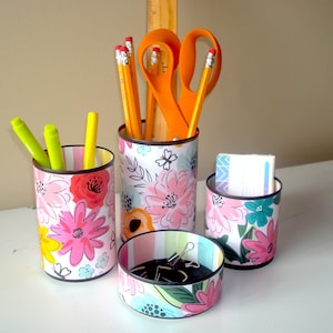 Fun Floral Desk Accessories, Floral Pencil Holder, Tin Can Desk Organizer, Makeup Brush Holder, Fun Dorm Decor 1617