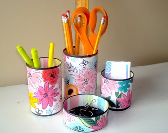 Fun Floral Desk Accessories, Floral Pencil Holder, Tin Can Desk Organizer, Makeup Brush Holder, Fun Dorm Decor 1617