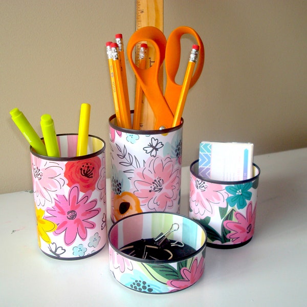 Fun Floral Desk Accessories, Floral Pencil Holder, Tin Can Desk Organizer, Makeup Brush Holder, Fun Dorm Decor 1617