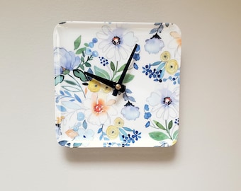 Small Floral Wall Clock: Blue & Yellow MELAMINE Plate, 6 Inch - Item 3367