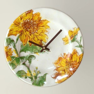 Gold and Brown Sunflower Wall Clock, 8-3/4 Inch Floral Ceramic Plate Clock, Kitchen Clock, Living Room Clock, Autumn Colors - 3085