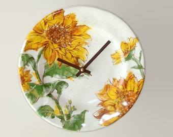 Gold and Brown Sunflower Wall Clock, 8-3/4 Inch Floral Ceramic Plate Clock, Kitchen Clock, Living Room Clock, Autumn Colors - 3085