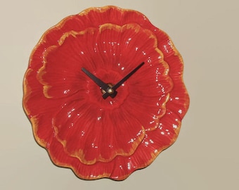 8 Inch Red Poppy Flower Wall Clock, SILENT Ceramic Plate Clock - 3058