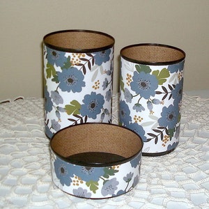 Burlap and Blue Floral Desk Accessories, Pencil Holder Cup, Desk Organizer, Home Office Decor 1635