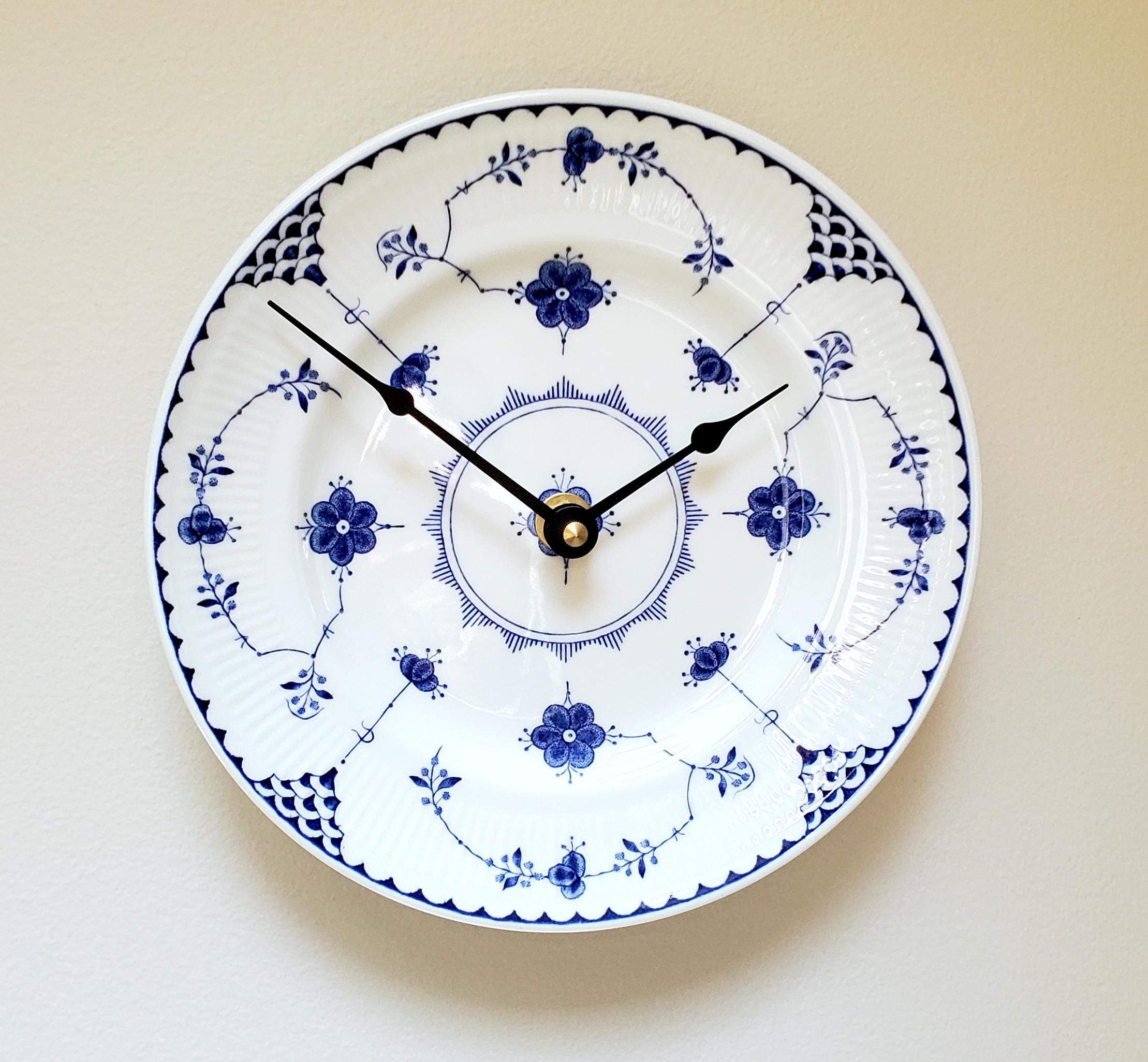 8 Inch Denmark Blue Wall Clock, Blue Floral Plate Clock, Small Clock for Kitchen, French Country Clock - 3401