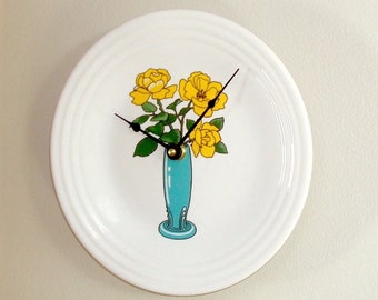 Floral Fiesta Plate Wall Clock - Vases & Flowers, 9 Inch Kitchen Wall Clock, Ceramic Plate Clock - 3174