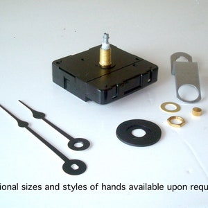 May include: Clock movement kit with black clock hands, a black plastic clock motor, and various metal hardware. The text "Optional sizes and styles of hands available upon request" is visible.