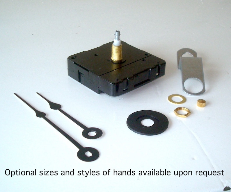 May include: Clock movement kit with black clock hands, a black plastic clock motor, and various metal hardware. The text "Optional sizes and styles of hands available upon request" is visible.