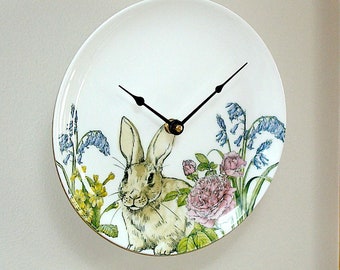 Floral and Bunny Rabbit Clock, 9 Inch Plate Clock, Unique Kitchen Clock, Nursery Clock - 3166