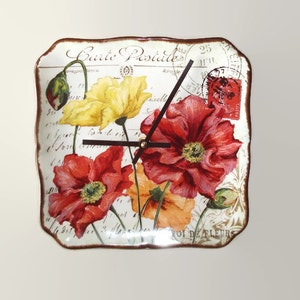 Poppy Wall Clock 8-1/2 Inches, Kitchen Wall Clock, French Wall Clock, Poppy Post Card Clock, Carte Postale De Fleurs - 3226