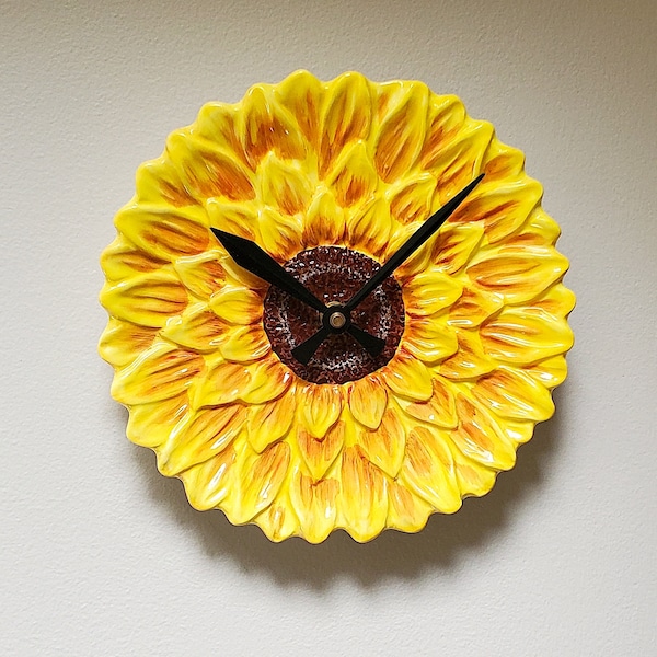 Sunflower Wall Clock, 8.5 Inch Figural Sunflower Ceramic Plate Clock, Fun Kitchen Clock - 3295