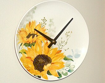 Ceramic Sunflower Plate Wall Clock, 8-1/2 Inch Sunflower Clock, Floral Kitchen Clock, Living Room Clock - 3228