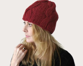 Peyton Cable Beanie: Chunky Women's Hand Knitted Wool Blend Hat, Wine Size S/M