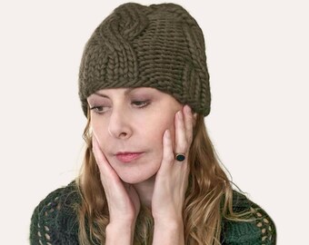 Peyton Cable Beanie: Chunky Women's Hand Knitted Wool Blend Hat, Taupe Size S/M