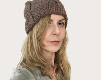 Peyton Cable Beanie: Chunky Women's Hand Knitted Wool Blend Hat, Brown Size S/M