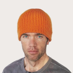 Jessie Basic Beanie: Hand Knitted Fine Merino Wool, Men's Women's, Orange Size M