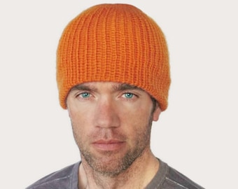 Jessie Basic Beanie: Hand Knitted Fine Merino Wool, Men's Women's, Orange Size M