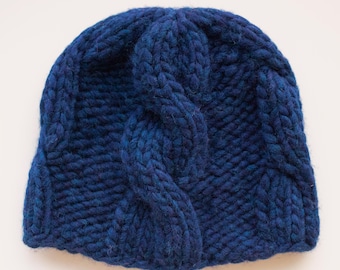 Peyton Cable Beanie: Chunky Women's Hand Knitted Wool Blend Hat, Blue Size M