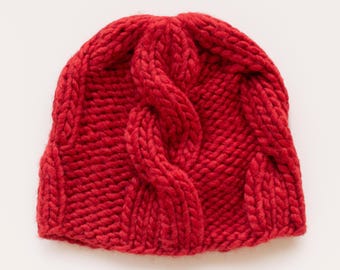 Peyton Cable Beanie: Chunky Women's Hand Knitted Wool Blend Hat, Red Size S/M