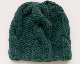 Peyton Cable Beanie: Chunky Women's Hand Knitted Wool Blend Hat, Green Size S/M