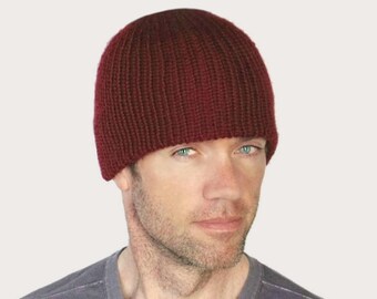 Jessie Basic Beanie: Hand Knitted Fine Merino Wool, Men's Women's, Wine Red Size M