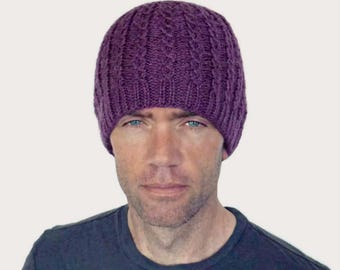 Taylor Wool Beanie: Fine Hand Knitted Cabled Cap, Men's Women's Amethyst Purple, Size L
