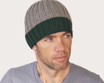 Jamie Color Block Rib Beanie: Superwash wool, Men's Size M/L Gray/Jade Green