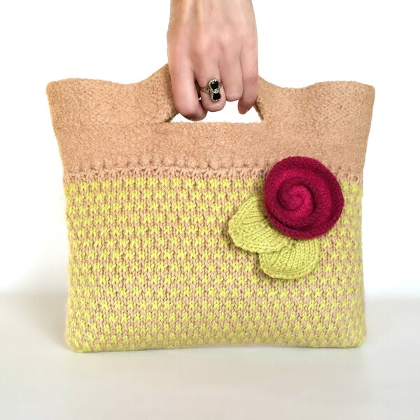 Rita Felt Bag Purse Chartreuse Green Beige Hand Knit Tweed