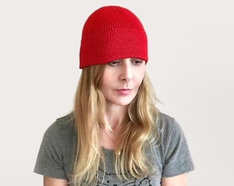 Casey Double Brim Beanie: Hand Knitted Silk/Wool Women's Cap, Red Size S/M