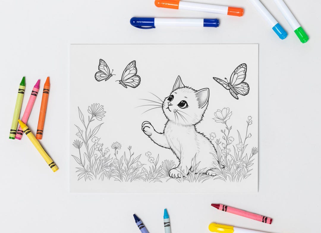 3 Kitten & Butterfly Coloring Pages - Etsy
