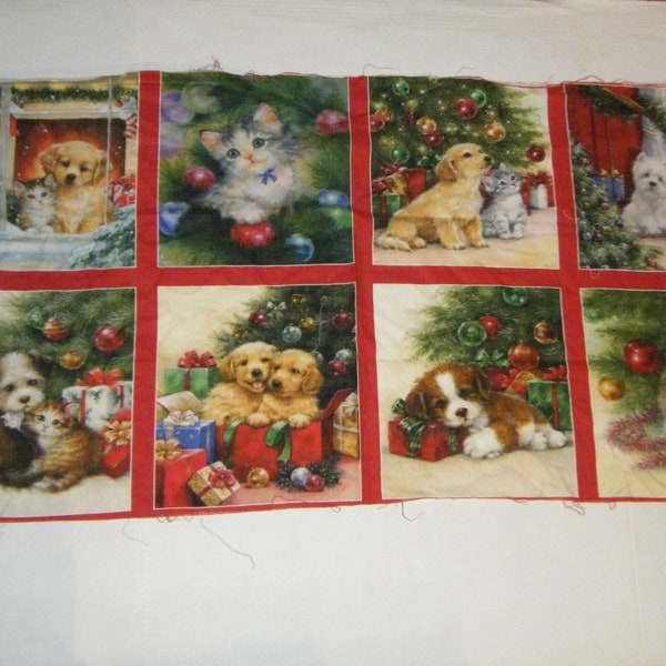 Pre Printed Panel Christmas Animals Kittens Puppies Banner Appliques Fabric Pillows Vintage Style Pillows Place Mat craft show sewing supply