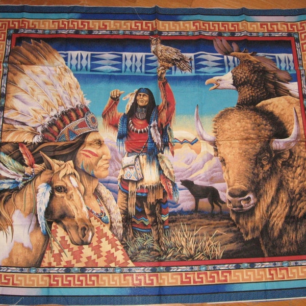 Fabric Wall Hanging Panel Cheater Quilt Native American Buffalo Eagle Hawk Wolf Hawk