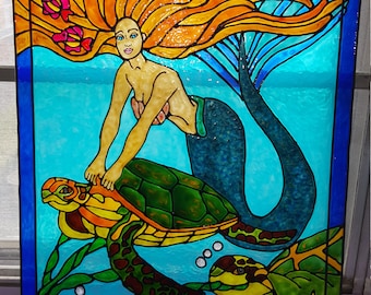 Mermaid with Turtles Stained actylic glass window