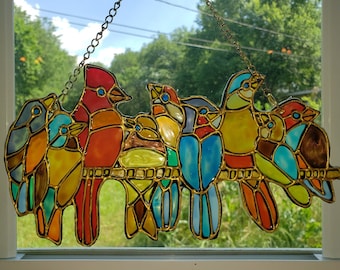 String of Spring birds variety stained acrylic glass window suncatcher