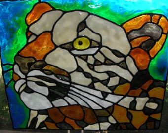 Leopard stained glass window Cling 8 x 10 wide