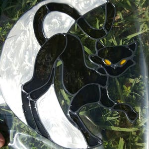 Half Moon Spooky Black Cat Stained Glass Window Cling