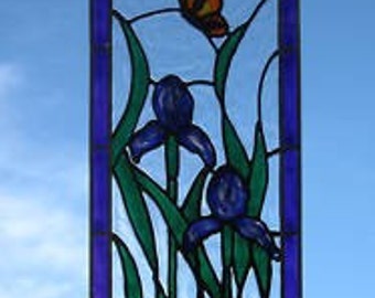 Long stem Irises and butterfly stained glass window