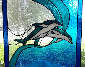 Dolphins jumping stained acrylic glass window 12 x 12