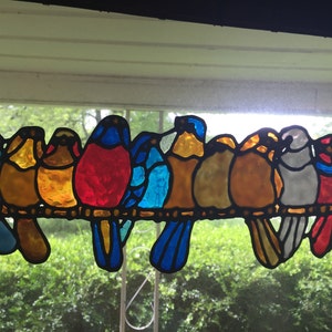 String of bigger Spring birds variety stained glass window Cling