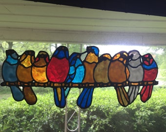 String of bigger Spring birds variety stained glass window Cling