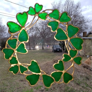 Lucky four leaf clover St Patricks wreath stained glass window CLING