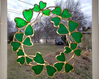 Lucky four leaf clover St Patricks wreath stained glass window CLING