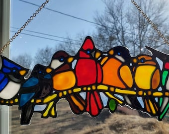 Mixed Spring birds on a branch SUNCATCHER stained acrylic glass window with chain weather proof