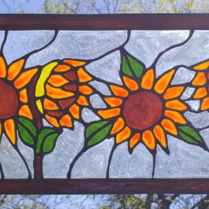 4 Sunflowers stained glass window in copper frame