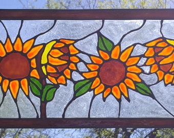 4 Sunflowers stained glass window in copper frame